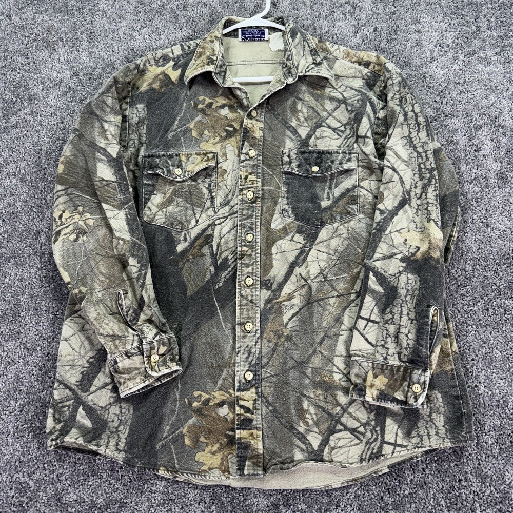 Vtg Amana Shirt Mens XL Green Camo Button Up Long Sleeve Hunting Outdoor USA